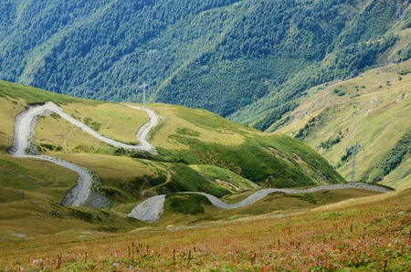 Road from Lower to Upper Svaneti, zone of alpine meadiws,popular tourist destination among trekkers,Caucasus mountains, Georgia, Europeの写真素材
