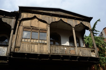 Traditional architecture in old historical part of Tbilisi,Georgia,Central Asia, wooden balconies with nice carvings,unesco heritageのeditorial素材