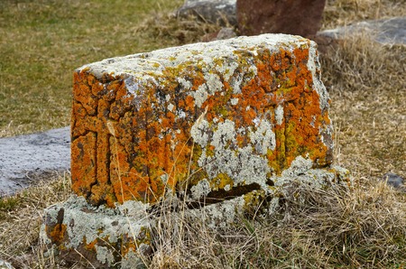 Stone khachkar at Noratus medieval cemetery,Armenia,unesco cultural heritage site and famous tourist attractionの写真素材