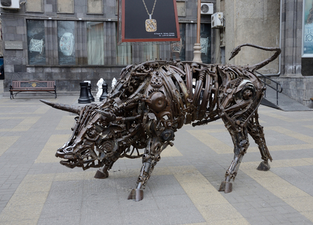 Erevan,Armenia,March 13,2015 - Bull art statue made from old iron mechanisms in old city center in Yerevan, Armenia.Yerevan is the capital and largest city of Armenia, and one of world's oldest continuously inhabited citiesのeditorial素材
