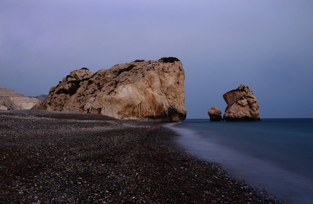 Night seascape of Aphrodite's Rocks beach, bithplace of greek  goddess of love, Paphos, Western Cyprus (Petra tou Romiou),popular landmarkの写真素材