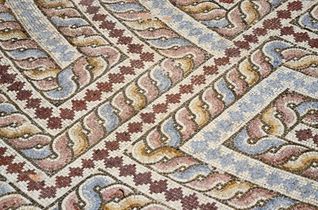 Closeup of mosaic floor of ancient roman villa with ancient geometrical ornament depicting labyrinth,archaeological park Tombs of Kings,Paphos,Cyprusの写真素材