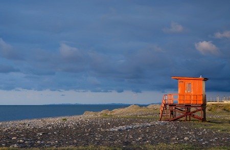 Orange lifeguard station on empty beach of Batumi,Georgiaの写真素材