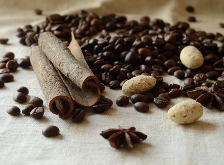Cinnamon sticks,coffee beans,anise and white chocolate almond candies still life,food background の写真素材