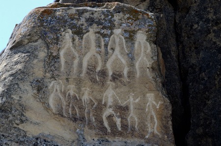Neolithic rock paintings of Gobustan, depicting dancing people, Azerbaijan,Caucasusの写真素材