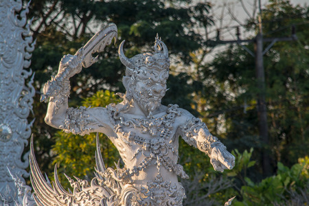Wat Rong Khun better known as the White Temple, is a contemporary, unconventional, privately owned, art exhibit in the style of a Buddhist temple in Chiang Rai Province, Thailand.の写真素材