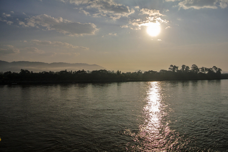 The Golden Triangle is the area where the borders of Thailand, Laos, and Myanmar meet at the confluence of Mekong Rivers.の写真素材