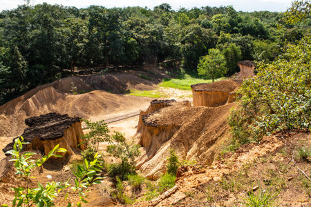 Within a national park named Phae Mueang Phi caused by the terrain which is the soil and sandstone was naturally eroded into various shapes that are In Phrae Province of Thailand.の写真素材