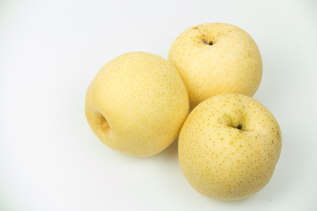 Three Nashi pears isolated on white backgroundの写真素材