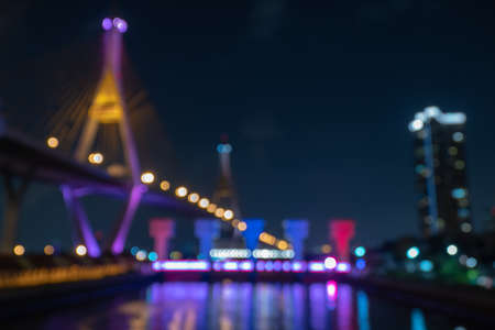 Multicolored defocused bokeh blurry lights. Abstract blur defocus bokeh background of Bhumibol Bridge light or Illuminate at night. City life lifestyle Concept.の写真素材