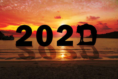 Greeting card 2020 happy new years. Silhouette of healthy young woman practicing yoga on tropical...