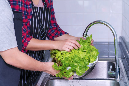 Hands of young couple wear apron use water sanitize fresh vegetables lettuce in the sink for prepare cook or salad together in the kitchen at home. Making sure food is washed and ready to eat.の写真素材