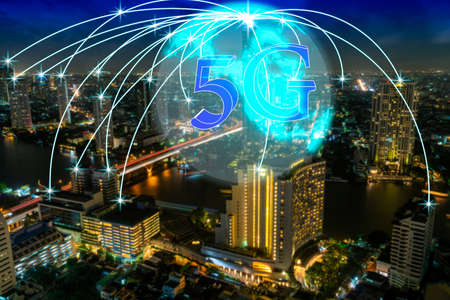 Earth 3D with 5G network digital systems and technology global hologram over city background....