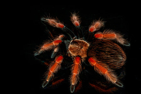 Black and red hairy spider on isolated black background with reflection. Close up big red tarantula Theraphosidae.の写真素材