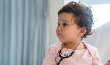 Innocence smile toddler girl sitting on the white bed with stethoscope while looking something at home. Mixed race little doctor baby playful medical job in the future.の写真素材