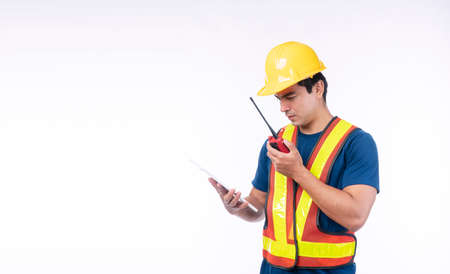 Maintenance workman occupation technology concept. Handsome confident craftsman wear yellow helmet...