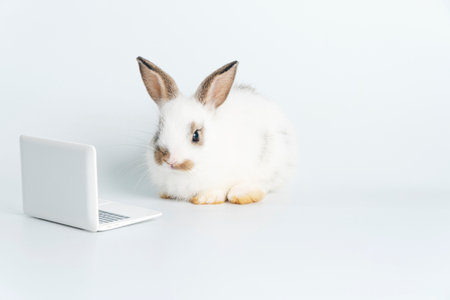 Adorable baby rabbit furry bunny looking at laptop learn something sitting over isolated white background. Little ears bunny white brown rabbit learning laptop. Easter animal education technology.の写真素材