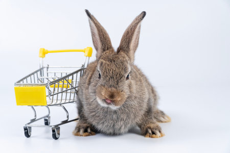 Lovely healthy rabbit bunny sitting with shopping cart over isolated white background. Bunny brown rabbit sitting beside small shopping cart symbol business supermarket mall store on white background.の写真素材