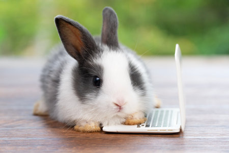 Tiny cuddly rabbit bunny with small laptop sitting on the green grass. Lovely white black baby rabbit looking at something with notebook on lawn natural background. Easter fluffy bunny conceptの写真素材