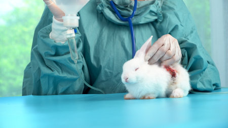 Veterinarian wear gloves carry saline bottle care sick rabbit wound skin bunny on green table at hospital. Patient white rabbit wound epidermis veterinary holding saline bottle injection in clinic.の写真素材