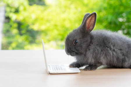 Tiny rabbit furry bunny small laptop online sitting on bokeh spring green background. Lovely baby rabbit looking notebook sitting on wooden natural background. Easter fluffy concept pet technology.の写真素材