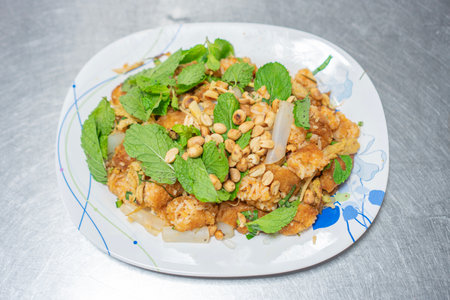 Vegetarian food yum homemade spicy mix noodle tofu peanuts fresh mint leaves on plate. Healthy vegan food asian still life cooked yummy mix yum vegetable dish health food on table. Recipe appetizerの写真素材