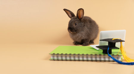 Little rabbit bunny with book, small laptop, graduation cap sitting over isolated pastel orange background. Student rabbit furry bunny study online small computer success two graduation cap. Educationの写真素材