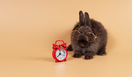 Cuddly infant rabbit bunny wear eyeglasses sitting with red alarm clock over isolated orange background.Little small rabbit black bunny eyeglasses red alarm clock alone on pastel background.Easter petの写真素材