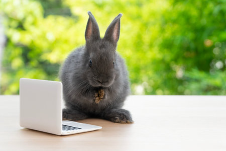 Tiny rabbit furry bunny small laptop online standing on paw bokeh spring green background. Lovely baby rabbit with notebook standing on wooden natural background. Easter furry lean technology concept.の写真素材