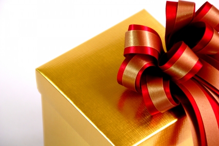Gift Box with Colorful Ribbons on White Background              