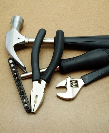 Construction Materials and Hand Tools on Craft Paper Boardの写真素材
