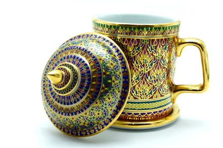 Benjarong, Thai Porcelain with Designs in Five Colors on White Backgroundの写真素材