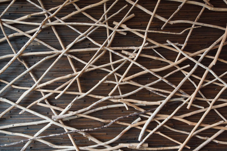 Wooden Wall Background with Bamboo Tree Stick Decorationの写真素材