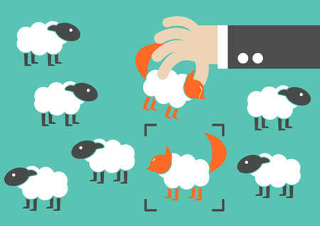 Business sham cheating. Wolf in sheep clothes fooling a sheep flock  arrested  concept.のイラスト素材