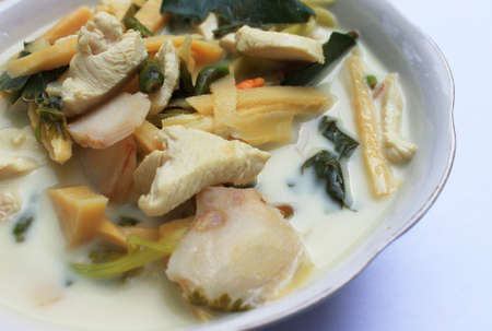 Chicken in coconut milk and galangal on white backgroundの写真素材