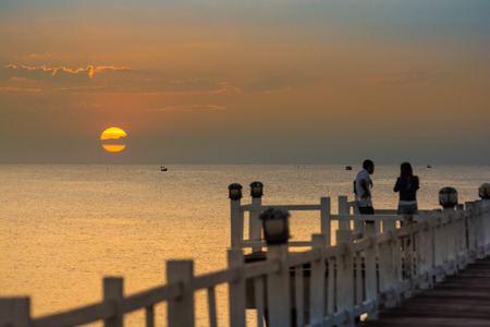 wood bridge in evening at Casaluna village in Thailandの写真素材
