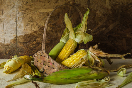 Still life with corn placed in baskets.の写真素材