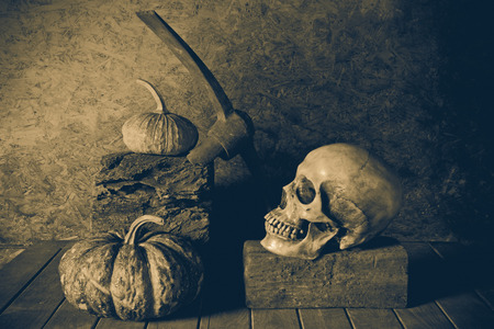 Still Life Skull and pumpkin on the timber. A symbol of Halloweenの写真素材