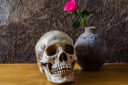 Still life with human skull with red rose in the old vase  on wooden floorの写真素材