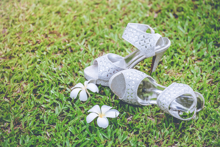Beautiful bride's shoes on the lawn.の写真素材