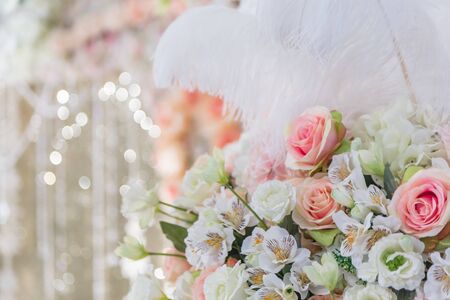 Colorful bouquets and  backdrop prepared for the wedding ceremony.の写真素材