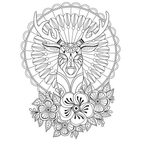 Deer and flower.Hand drawn sketch illustration for adult coloring bookのイラスト素材