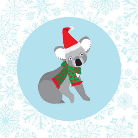 Koala bear wearing Santa hat on snowflake background Animal cartoon for Christmas timeのイラスト素材