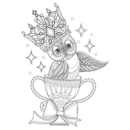 Owl and crown  Hand drawn sketch illustration for adult coloring bookのイラスト素材