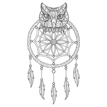 Owl and dream catcher hand drawn for adult coloring bookのイラスト素材