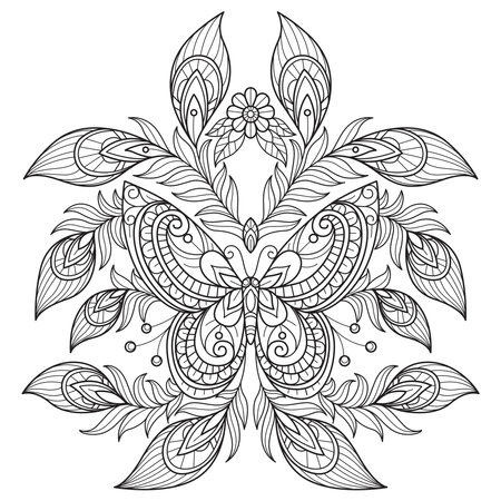 Butterfly and peacock feather hand drawn for adult coloring bookのイラスト素材