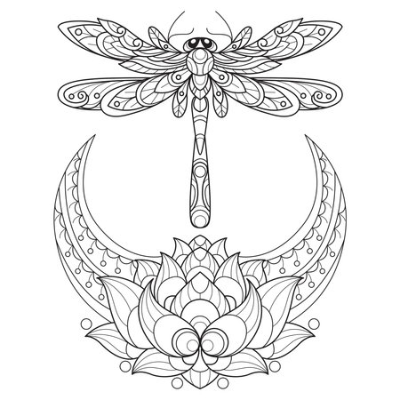 Lotus moon and dragonfly hand drawn for adult coloring bookのイラスト素材