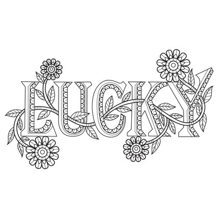 Lucky word in plants and flowers hand drawn for adult coloring bookのイラスト素材