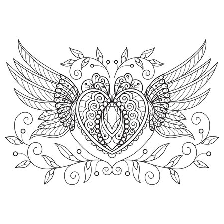 Heart and angel wings hand drawn for adult coloring bookのイラスト素材