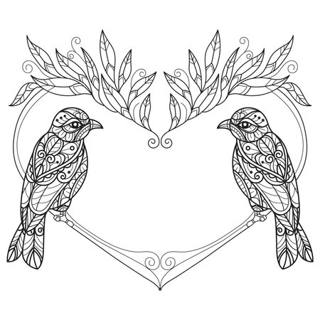 Heart flower frame and bird hand drawn for adult coloring bookのイラスト素材